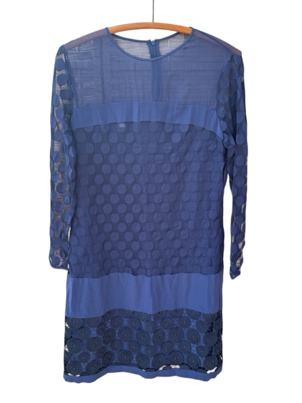 Diane Von Furstenberg Silk Blue Long Sleeve Sheer Dot Panel Midi Dress, Size 12